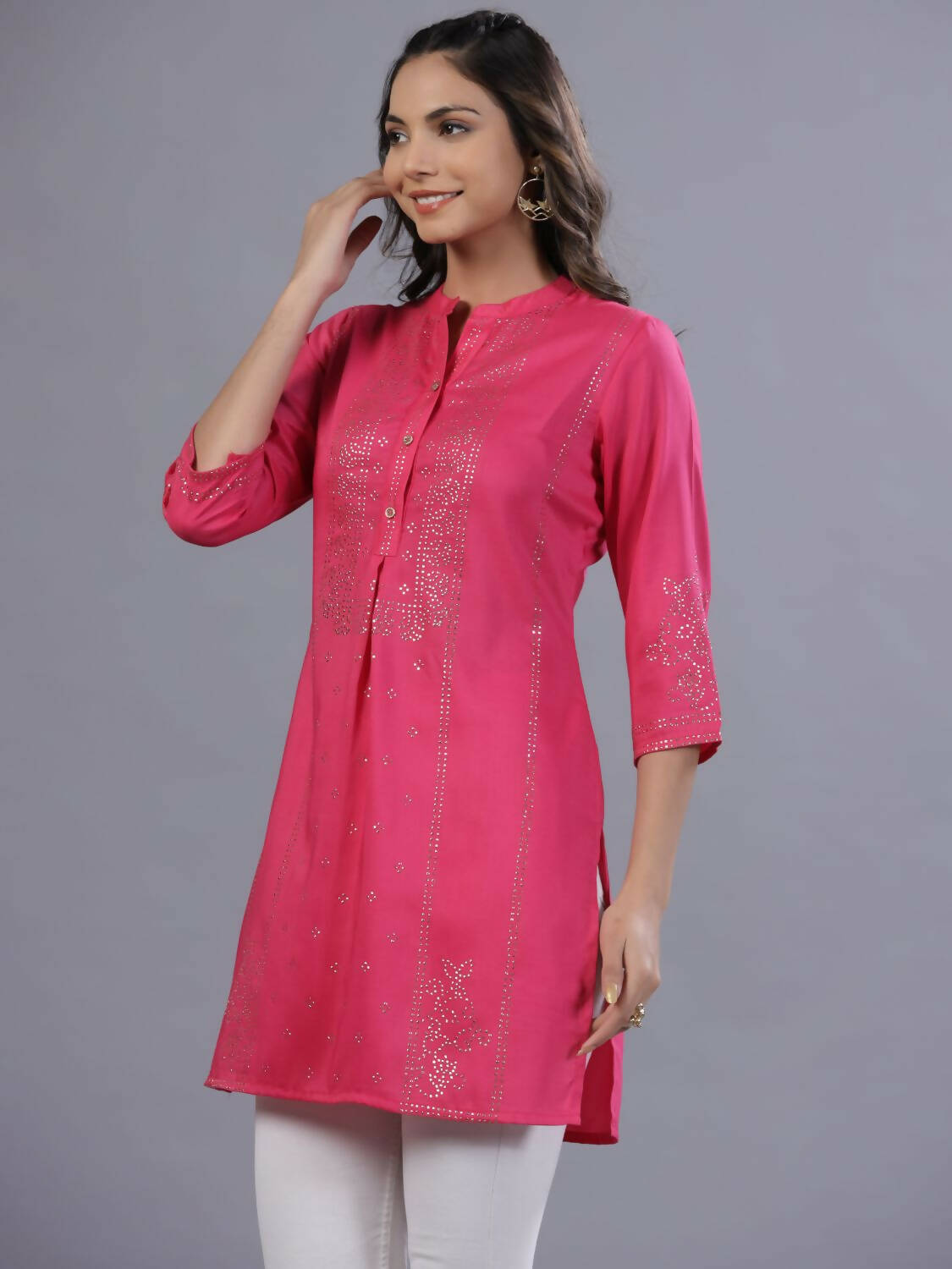 Juniper Women Fuchsia Chinon Silk Mukesh Work Straight Tunic | Grocsy