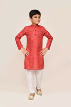 Joban Fashion Cotton Red Kurta With Straight Fit Pant | Grocsy