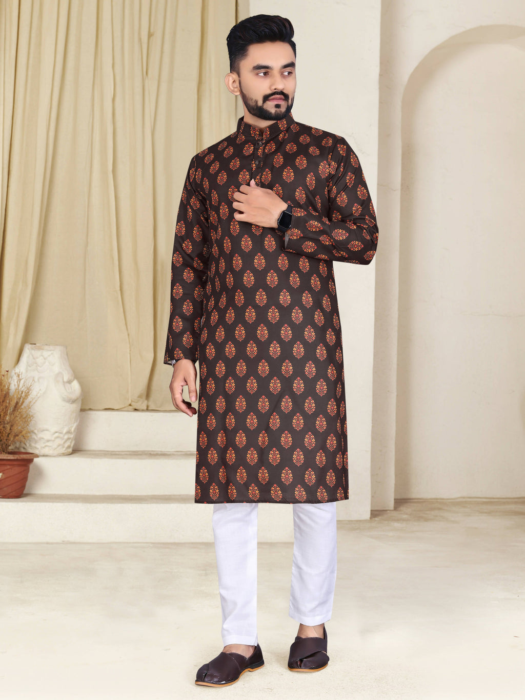 Mens Brown Cotton Printed Kurta - Mahotsav | Grocsy