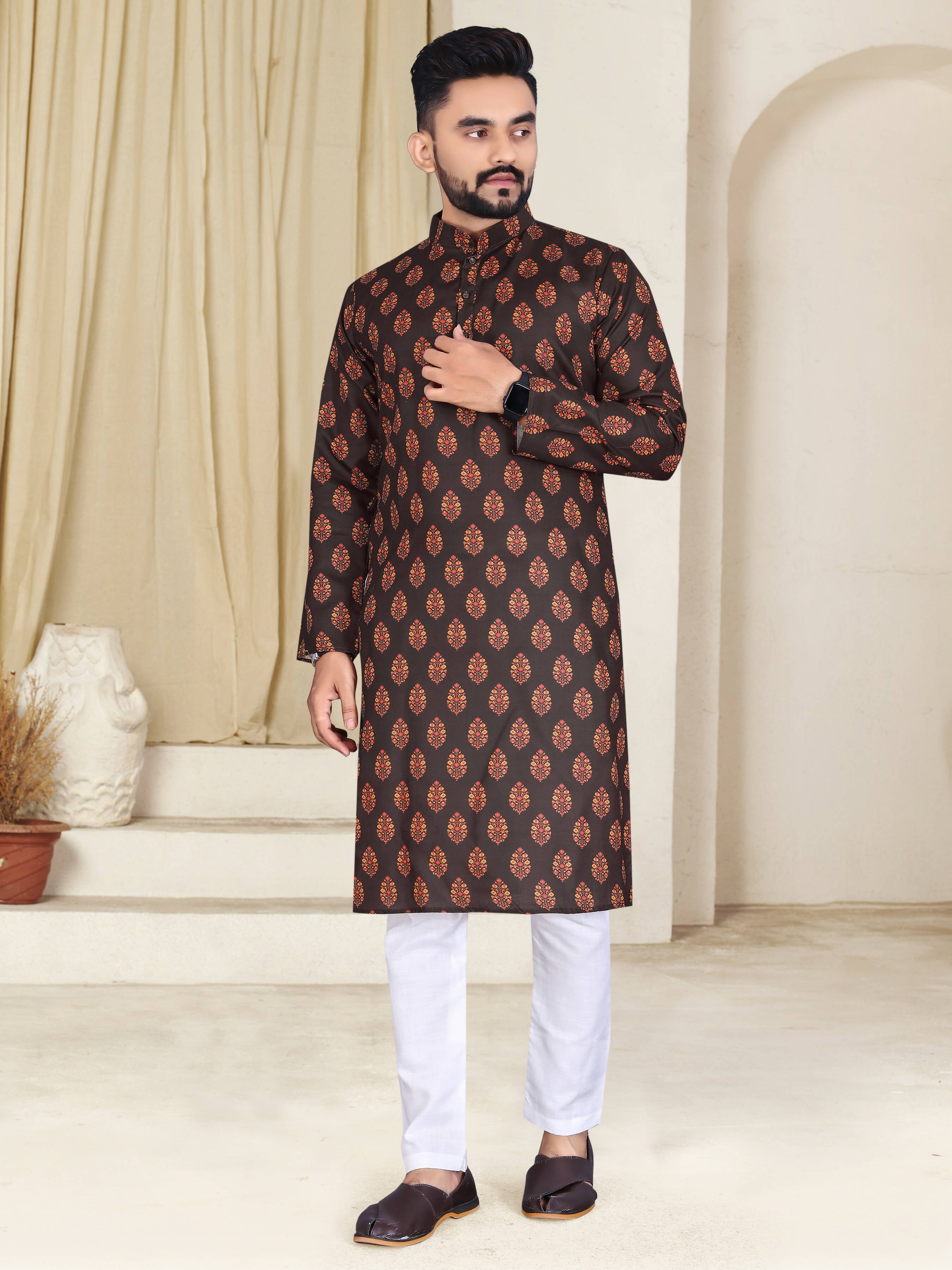 Mens Brown Cotton Printed Kurta - Mahotsav | Grocsy