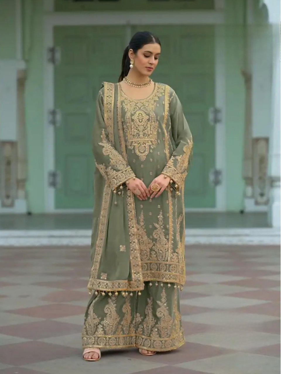 Anaita Mehndi Heavy Chinon Readymade Palazzo Suit with Heavy Embroidery Work | Grocsy