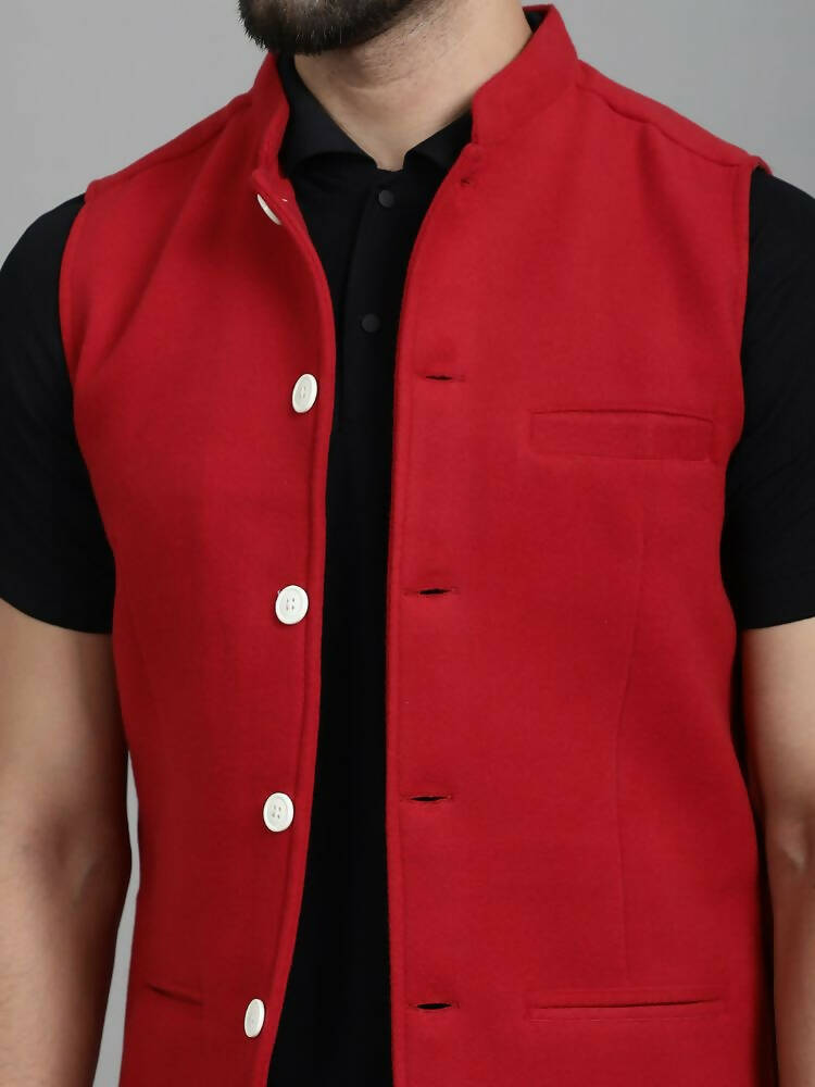 Even Apparels Nehru Jacket With Welt Pockets - Red | Grocsy