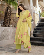 The52 Lemons Women's Beautiful Chanderi Fabric Printed Work Straight Kurta Pant and Dupatta Set | Grocsy