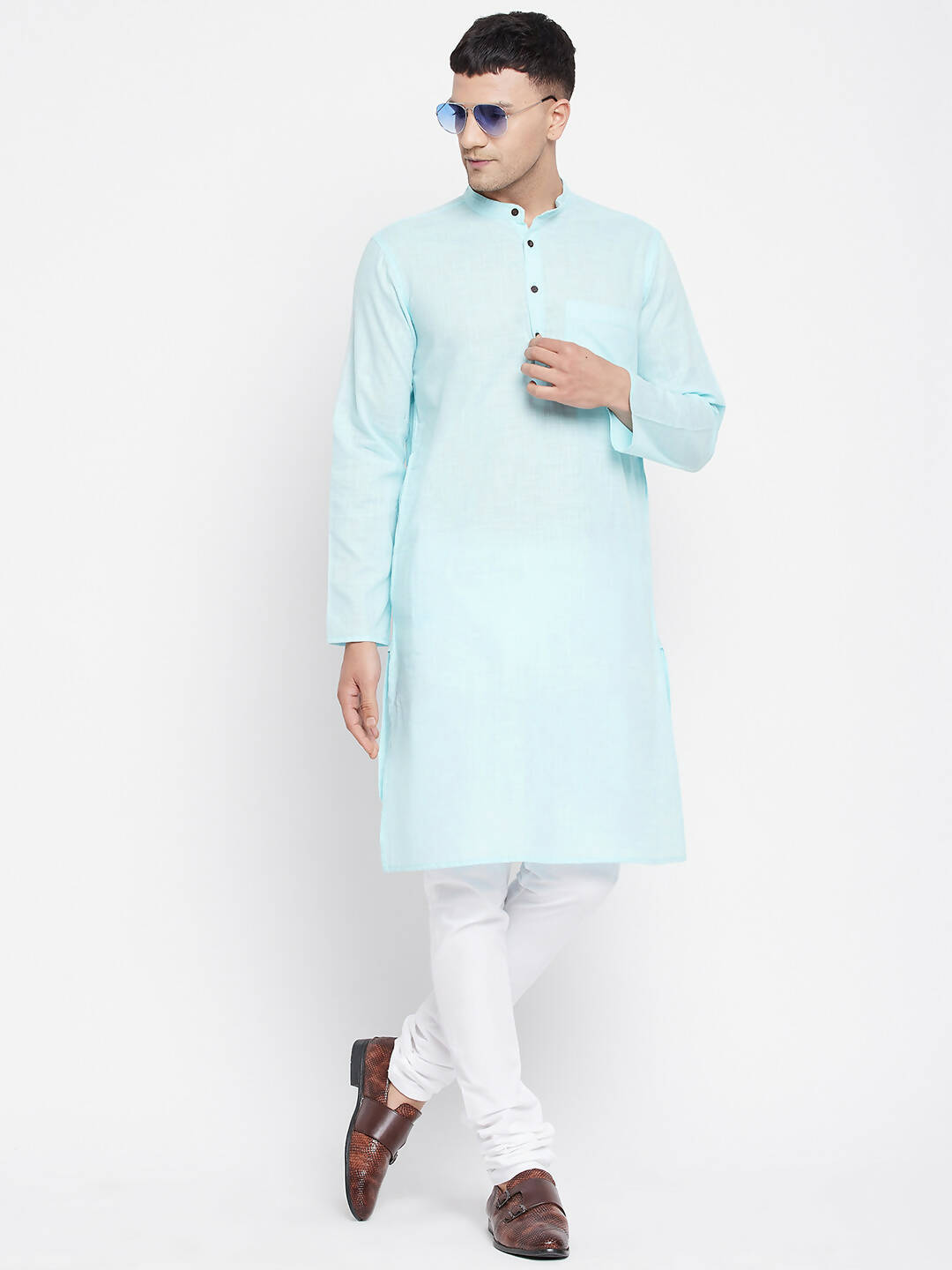 Even Apparels Pure Cotton Blue Color Men's Kurta With Band Collar | Grocsy