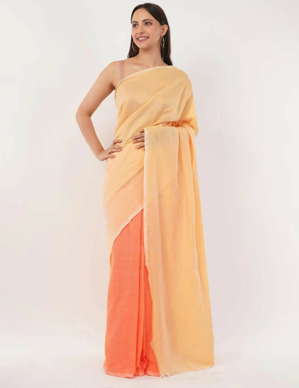 Exclusive Collection Beautiful Khadi Cotton Cream Light Orange Light Yellow Handloom Saree | Grocsy