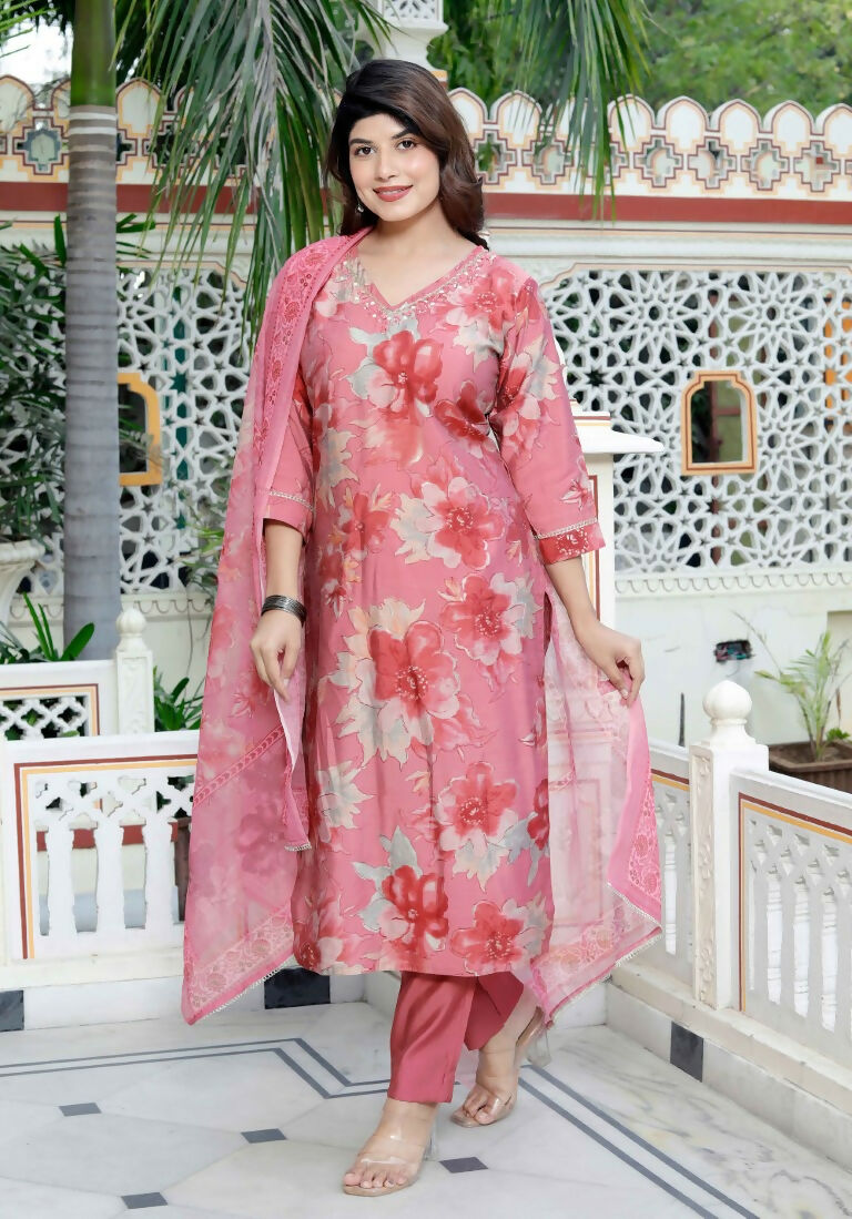 Miravan Women's Muslin Pink V-Neck Embroidered Kurta with Palazzo and Dupatta | Grocsy