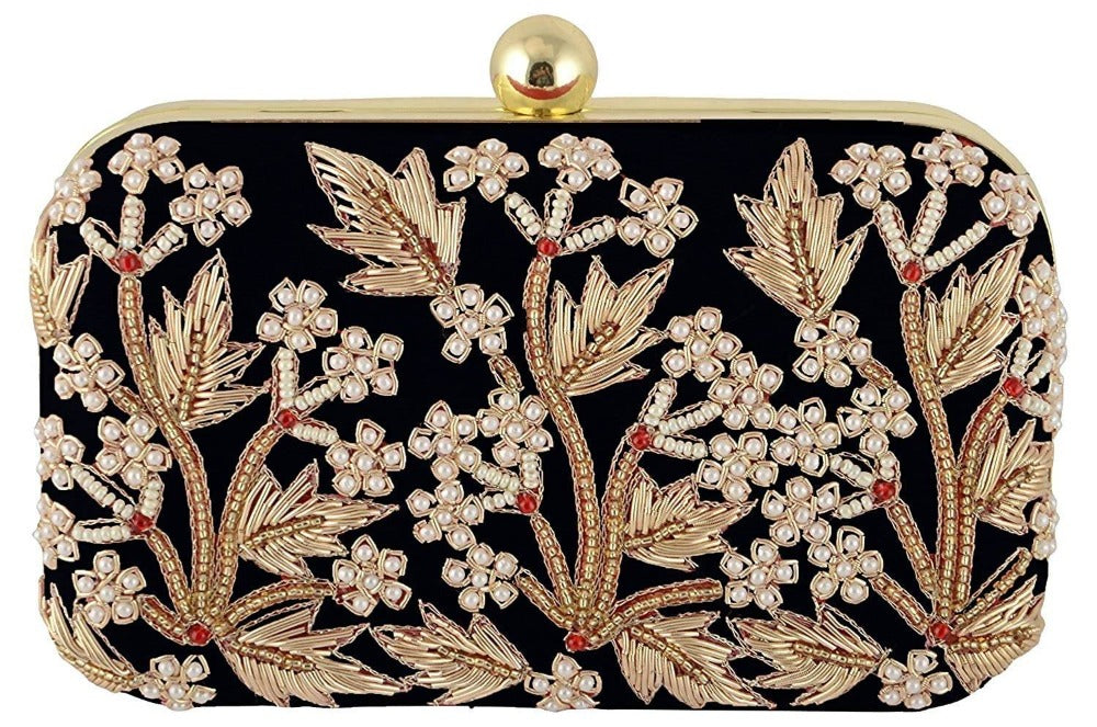Jaishri Handicrafts Pearl Floral Clutch Carbon Black | Grocsy
