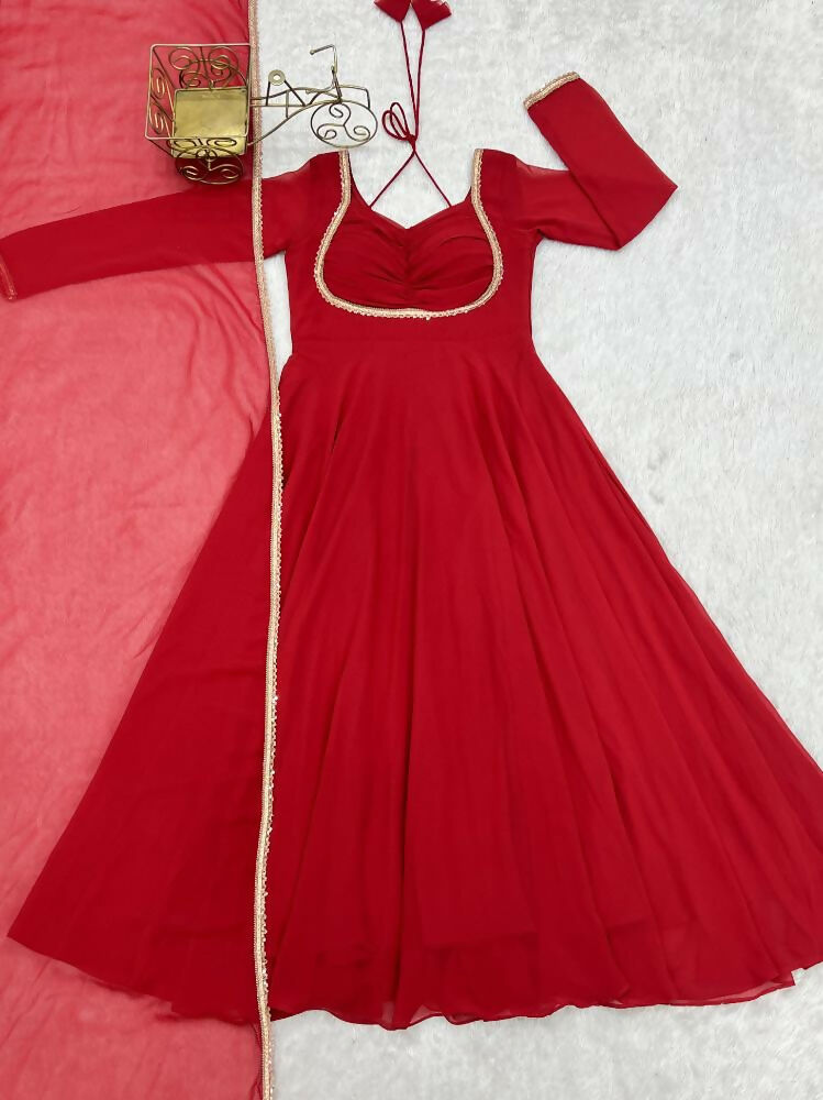 The52 Women's Gorgeous Solid Fox Blooming Georgette Fabric Flared Anarkali and Dupatta Set-Red | Grocsy
