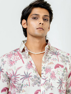Miravan Men's Pure Cotton Light Pink Bird And Floral Printed Full Sleeve Slim Fit Shirt | Grocsy