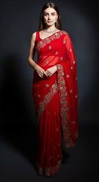 Joban Fashion Red Fandy Satin Silk Party Wear Sarees | Grocsy