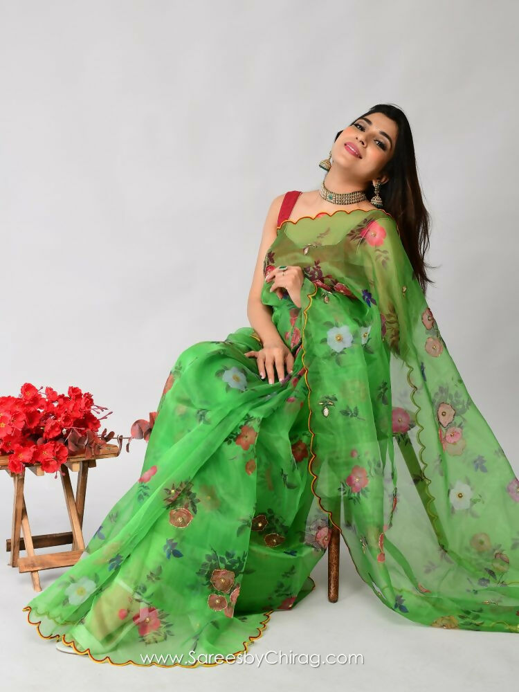 Vamsee Nakshatra Latakn Green Organza Saree | Grocsy