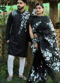 Exclusive Collection Elegant Hand Printing Designe On Pure Cotton Saree And Men's Kurta - Black | Grocsy