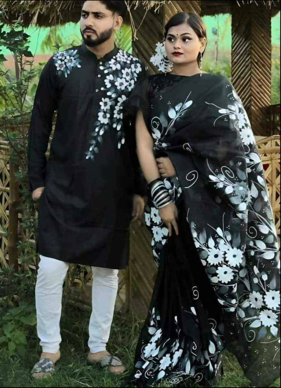 Exclusive Collection Elegant Hand Printing Designe On Pure Cotton Saree And Men's Kurta - Black | Grocsy