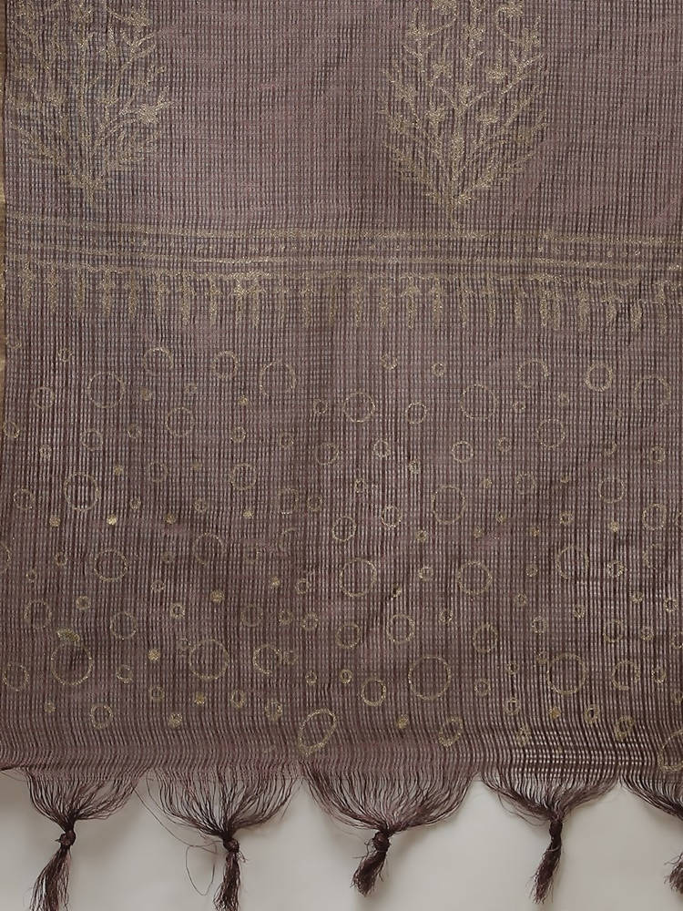 Yufta Women Brown Printed Panelled Beads and Stones Pure Cotton Kurta with Trouser & With Dupatta | Grocsy