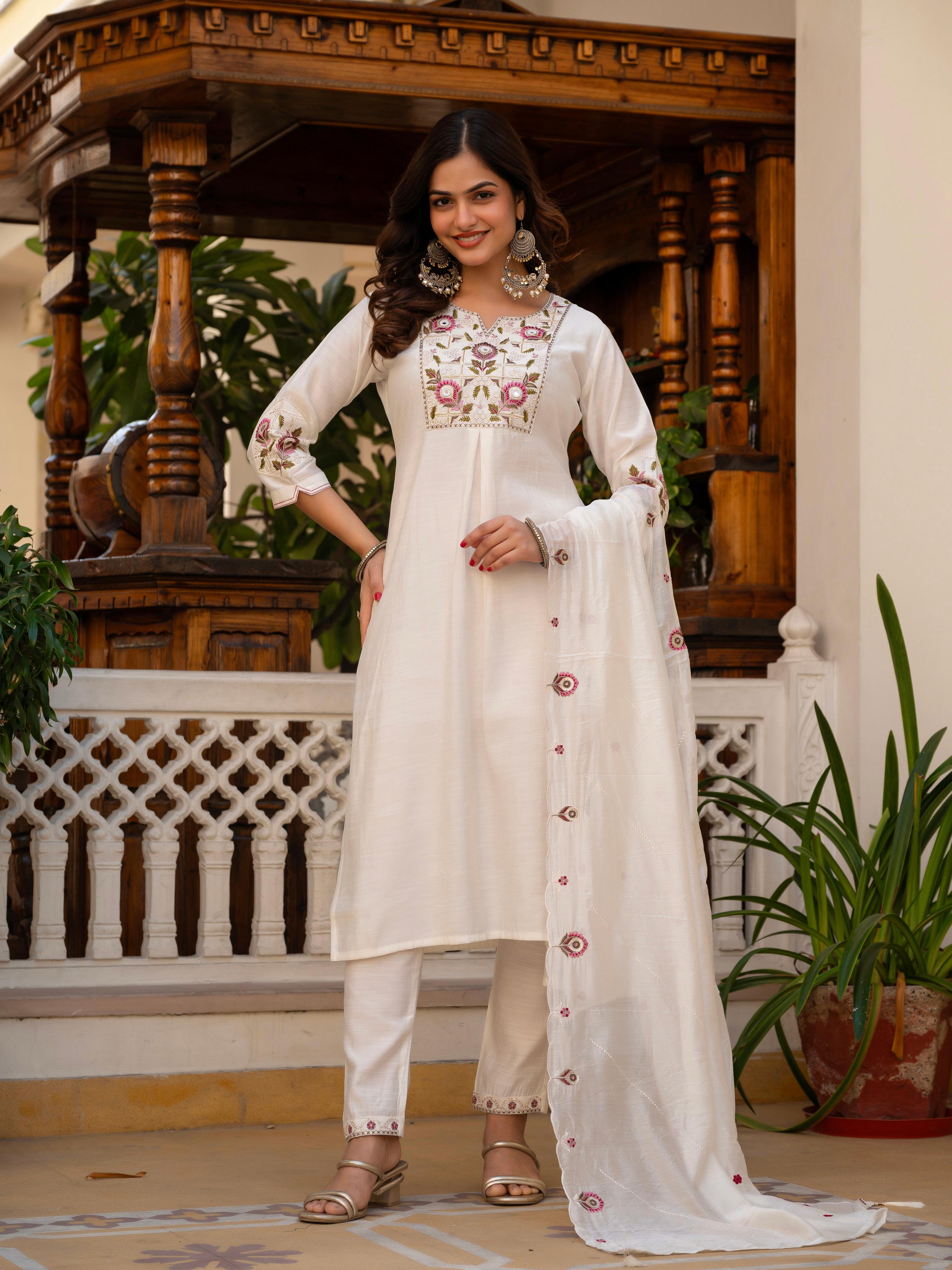 Pramukh Fab White Color Viscose Mango Silk Kurta Set | Grocsy
