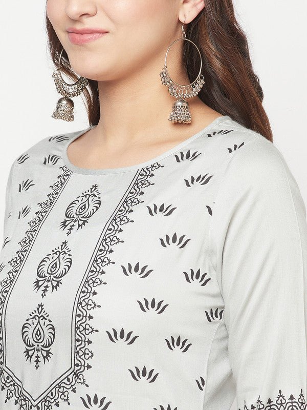 Aniyah Rayon Screen Print Light Grey Straight Kurta | Grocsy