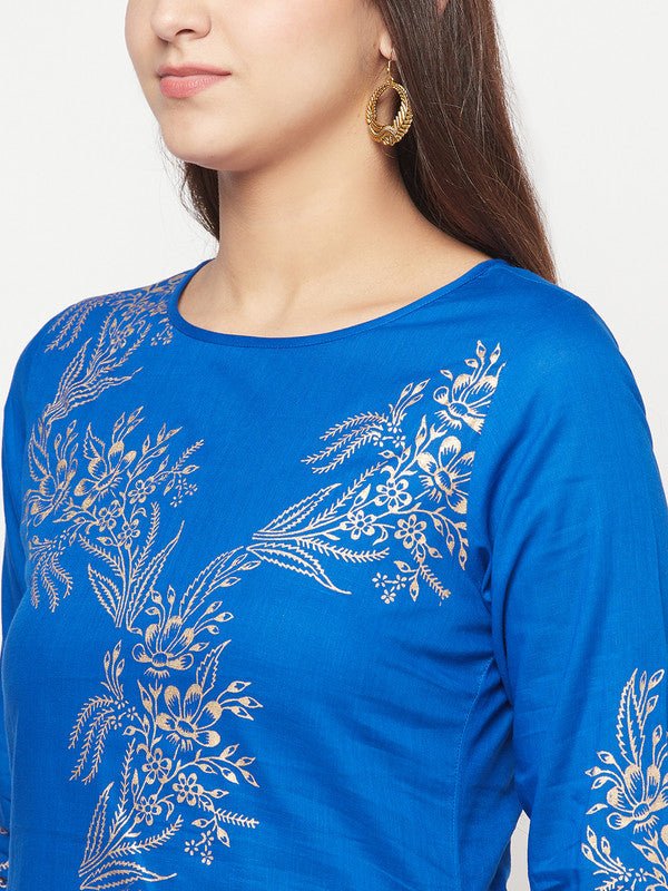 Aniyah Cotton Foil Print Royal Blue Straight Kurta | Grocsy