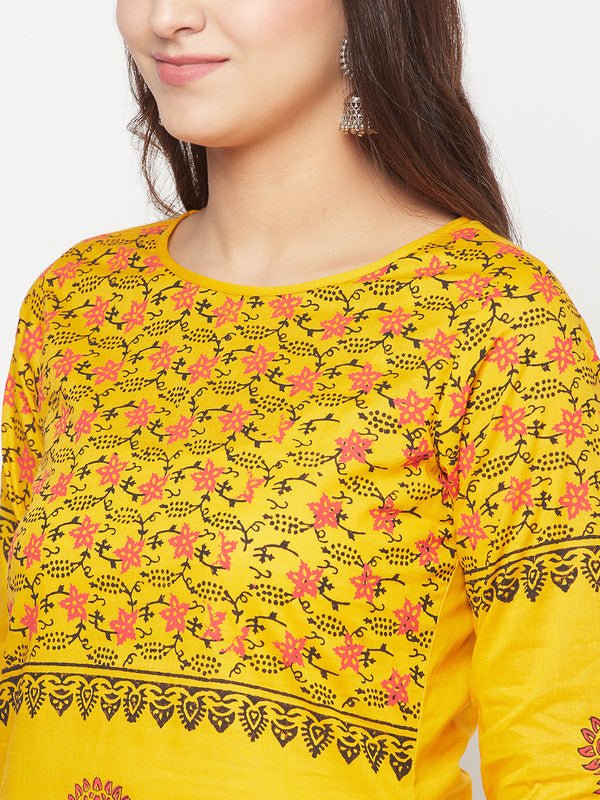 Aniyah Mustard Cotton Block Print Straight Kurta | Grocsy