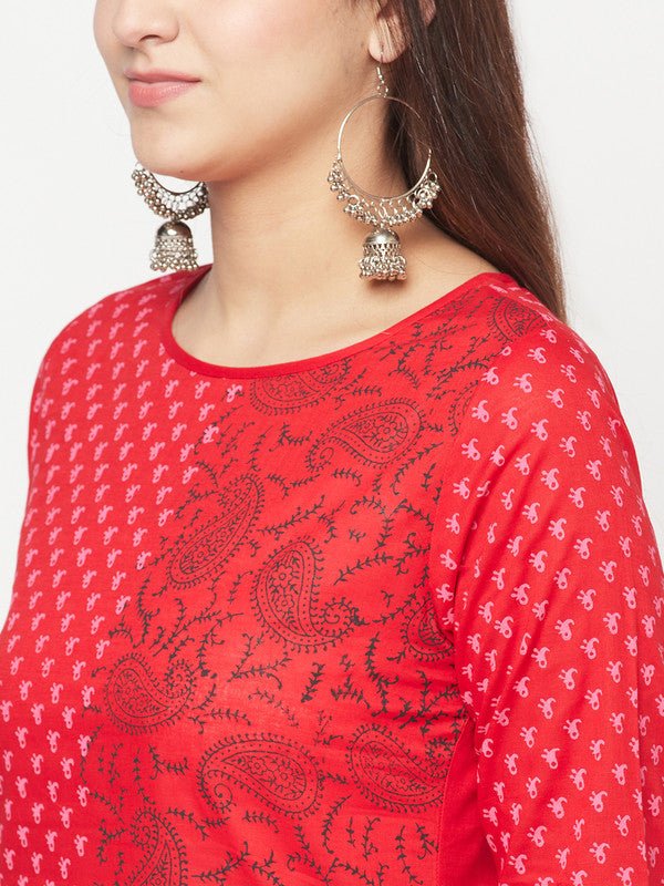Aniyah Cotton Block Print Red Color Straight Kurta | Grocsy