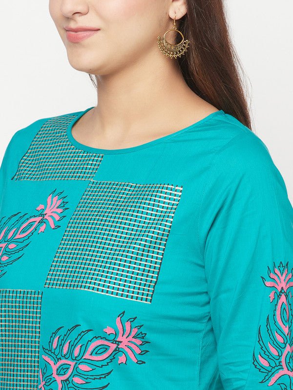 Aniyah Cotton Block Print Turquoise Straight Kurta | Grocsy