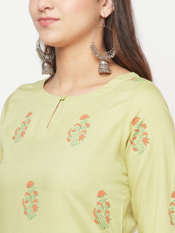 Aniyah Rayon Screen Print Pista Green Straight Kurta | Grocsy