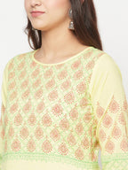 Aniyah Cotton Block Print Lemon Yellow Straight Kurta | Grocsy