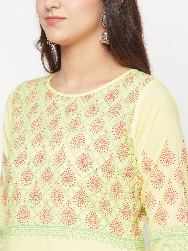 Aniyah Cotton Block Print Lemon Yellow Straight Kurta | Grocsy