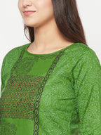 Aniyah Cotton Block Print Green Straight Kurta | Grocsy