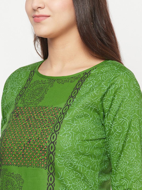 Aniyah Cotton Block Print Green Straight Kurta | Grocsy