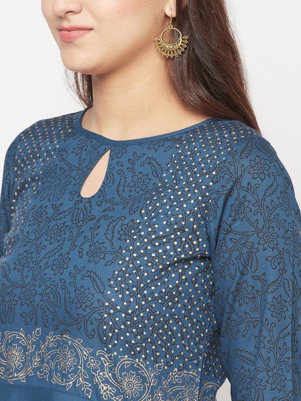 Aniyah Rayon Block Print Blue Anarkali Kurta | Grocsy