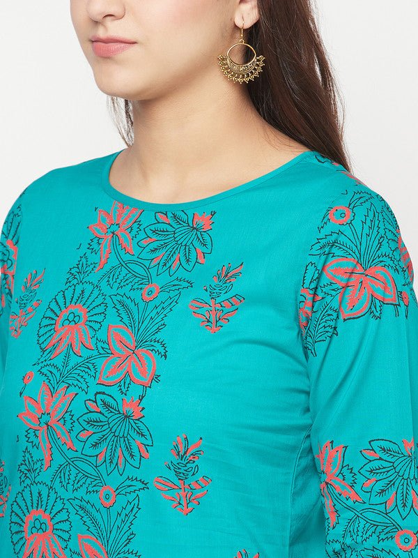 Aniyah Turquoise Cotton Block Print Straight Kurta | Grocsy