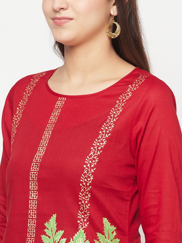 Aniyah Cotton Foil Print Maroon Straight Kurta | Grocsy