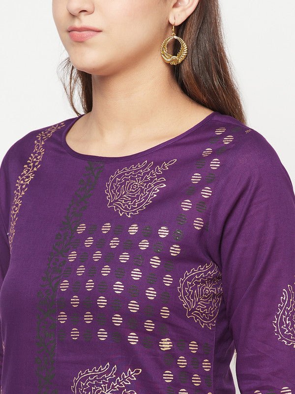 Aniyah Cotton Foil Print Purple Straight Kurta | Grocsy