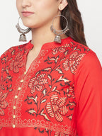 Aniyah Rayon Block Print Red Anarkali Kurta | Grocsy