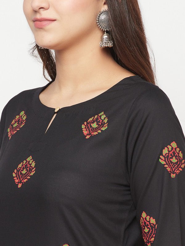 Aniyah Rayon Block Print Straight Kurta - Black | Grocsy