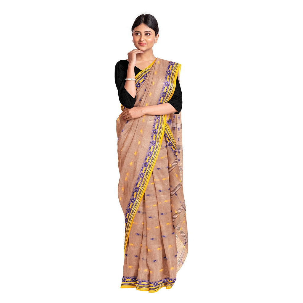 Exclusive Collection 100% Pure Cotton Light Biege Tant Saree With Hand Weaving Work | Grocsy
