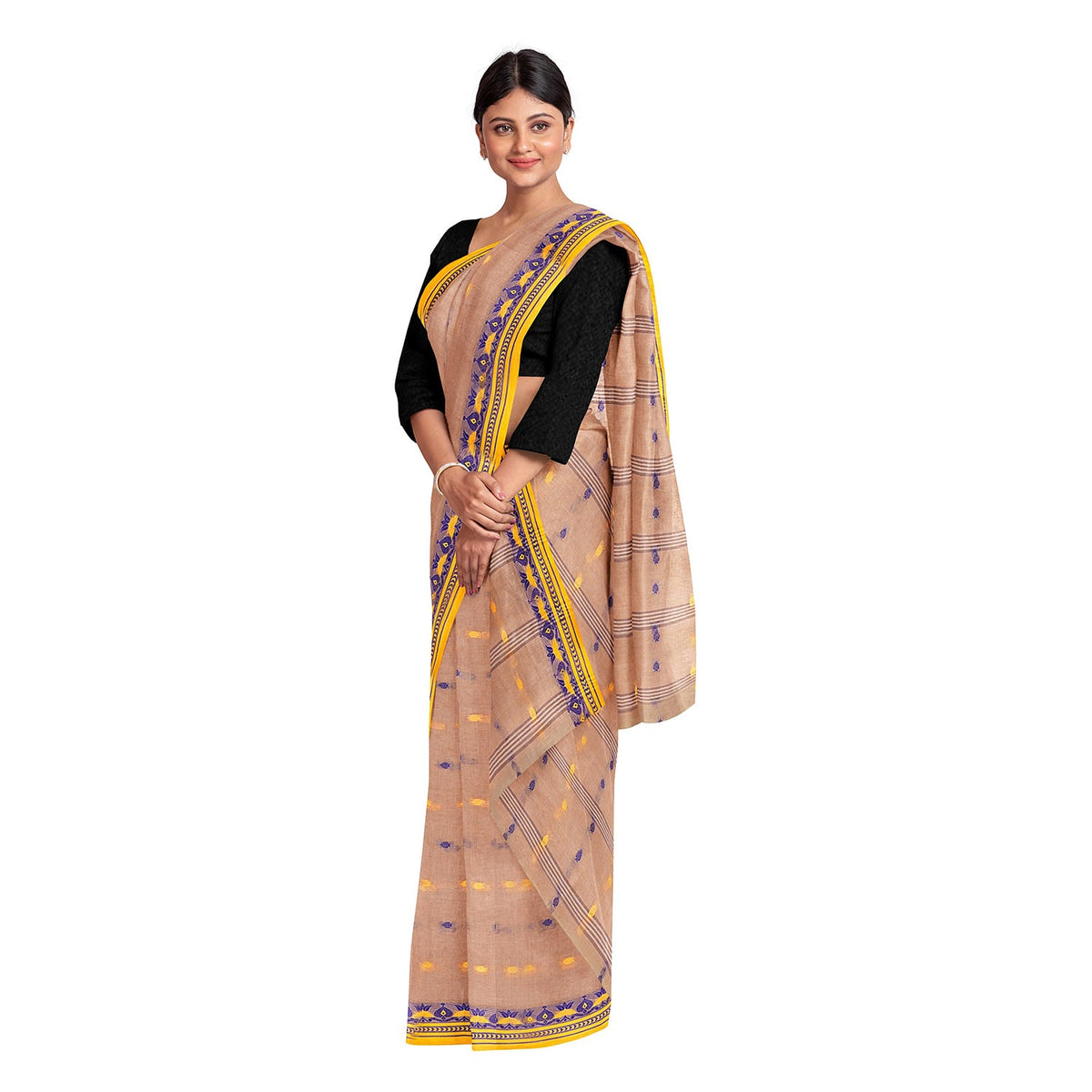Exclusive Collection 100% Pure Cotton Light Biege Tant Saree With Hand Weaving Work | Grocsy