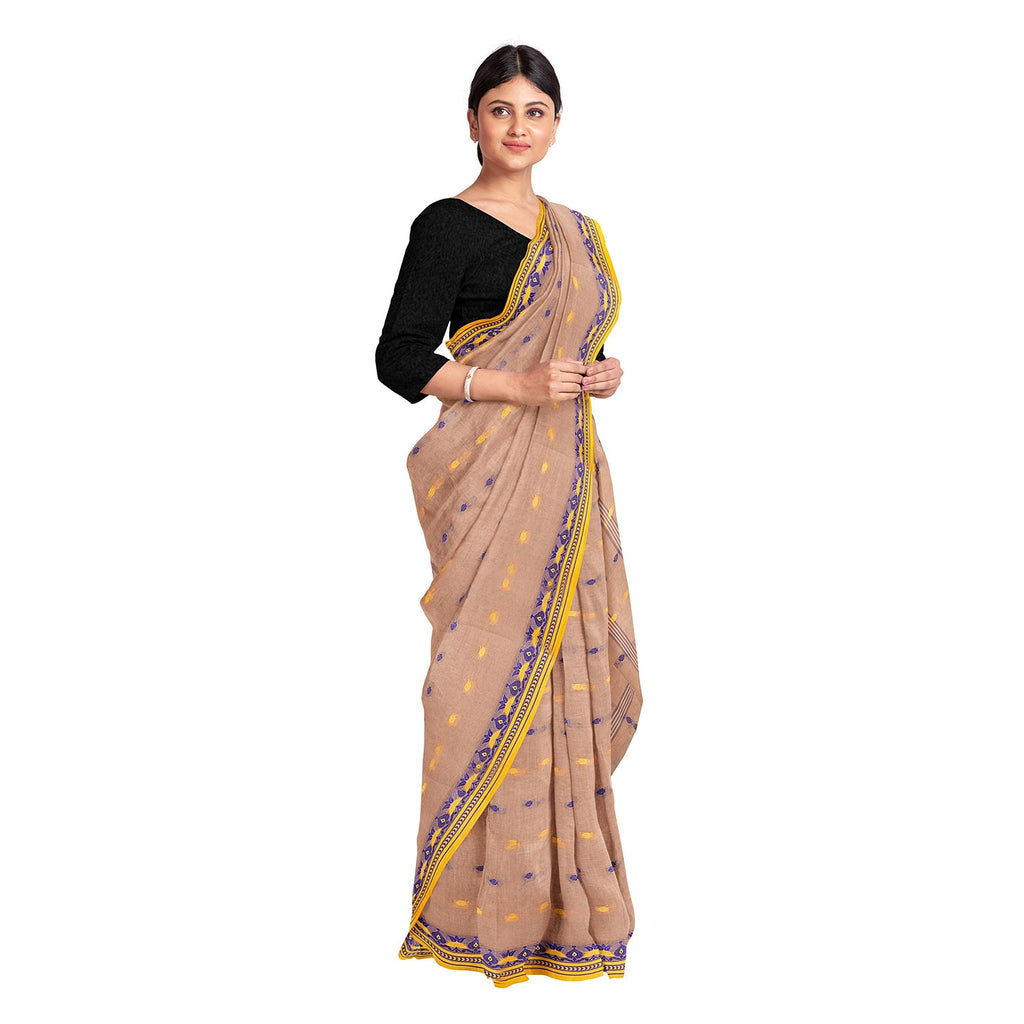 Exclusive Collection 100% Pure Cotton Light Biege Tant Saree With Hand Weaving Work | Grocsy