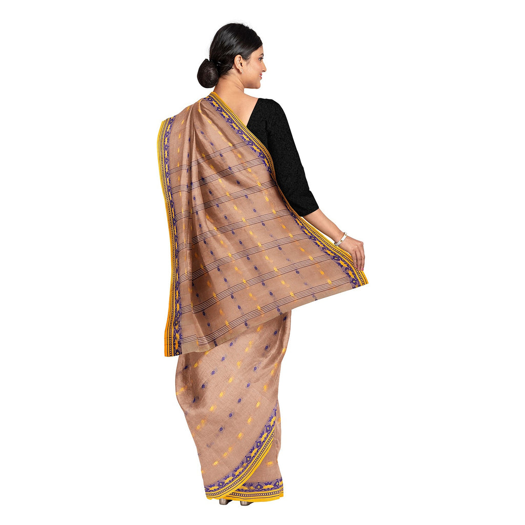 Exclusive Collection 100% Pure Cotton Light Biege Tant Saree With Hand Weaving Work | Grocsy