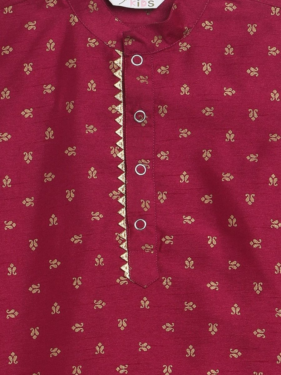 Ahalyaa Boys Wine Poly Silk Gold Printed Kids Kurta Churidar Set | Grocsy