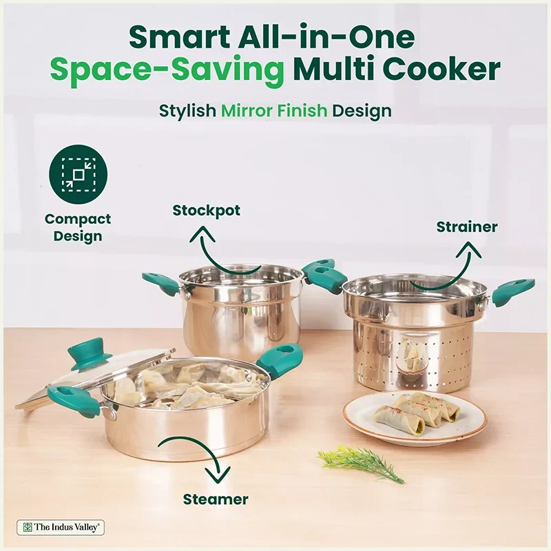 The Indus Valley Tri-steel Multi Cooker Pot Premium Stainless Steel Momo Maker/ Idiyappam/ Biryani/  Veg Steaming Set, 3 Pots, 21cm | Grocsy