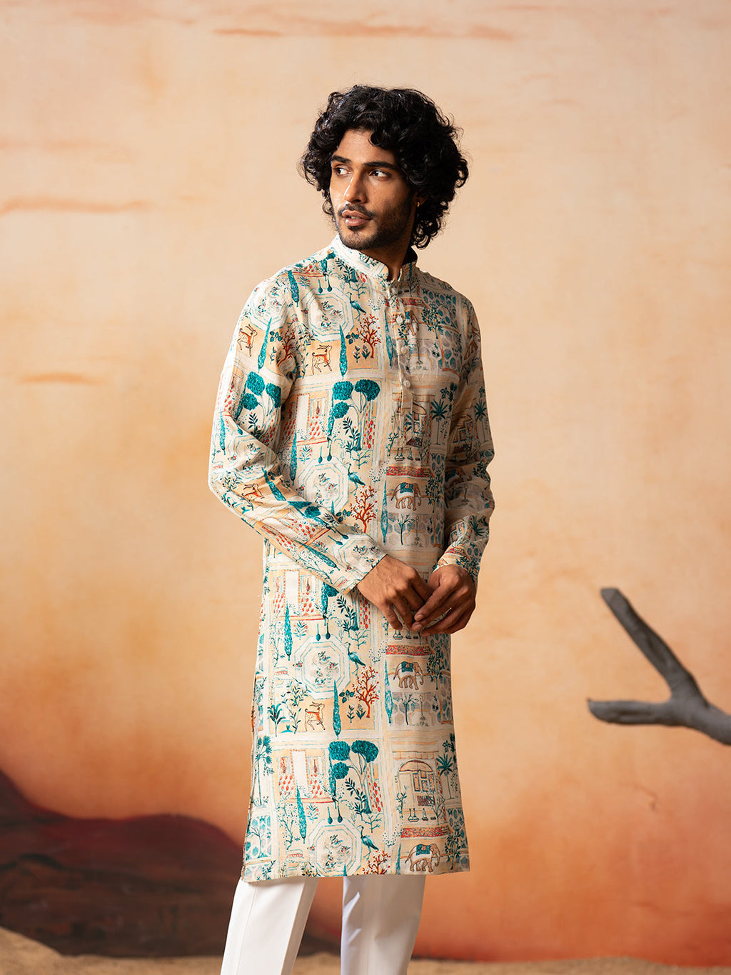 Classic Forest Print Silk Kurta by Hilo Design | Grocsy