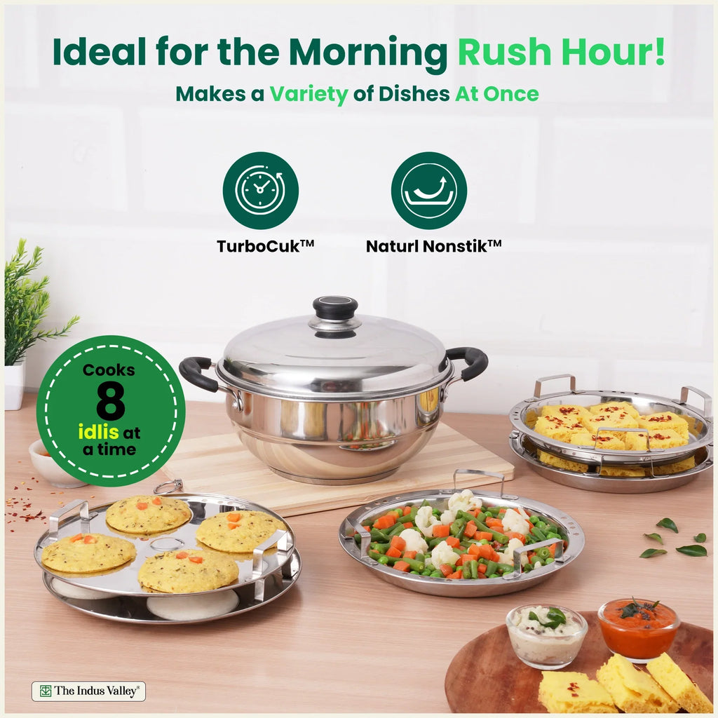 The Indus Valley 8 Pit Tri-Steel Multi Pot Premium Stainless Steel Idli/ Dhokla/ Momo Maker/ Veg Steaming Set, Tri-ply Induction Bottom, 5 Plates, 3L | Grocsy