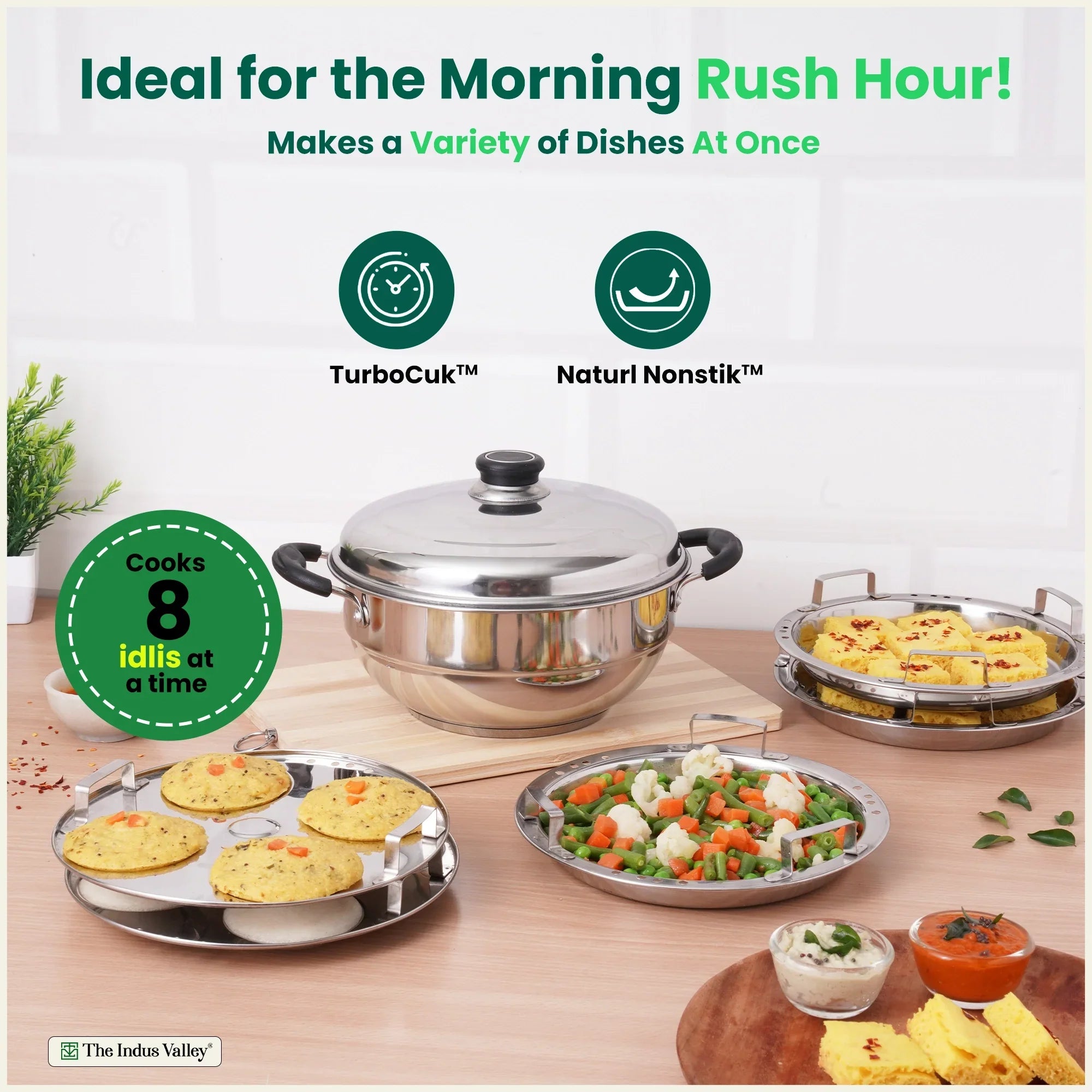 The Indus Valley 8 Pit Tri-Steel Multi Pot Premium Stainless Steel Idli/ Dhokla/ Momo Maker/ Veg Steaming Set, Tri-ply Induction Bottom, 5 Plates, 3L | Grocsy