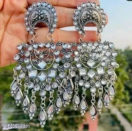 Tehzeeb Creations Women's Silver Colour Oxidised Earrings With Kundan | Grocsy
