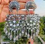 Tehzeeb Creations Women's Silver Colour Oxidised Earrings With Kundan | Grocsy