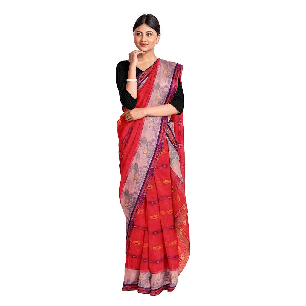 Exclusive Collection 100% Pure Cotton Red Tant Saree With Hand Weaving Work | Grocsy