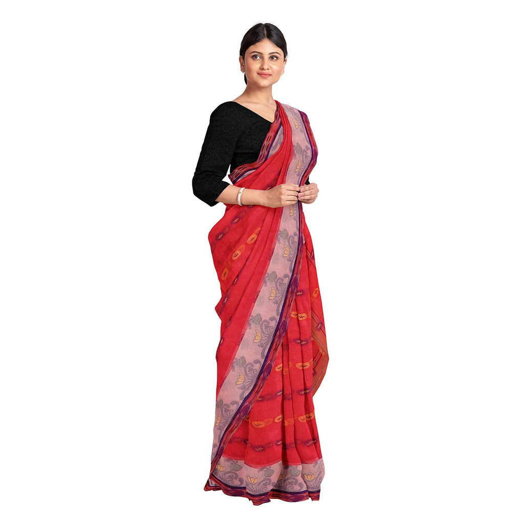Exclusive Collection 100% Pure Cotton Red Tant Saree With Hand Weaving Work | Grocsy
