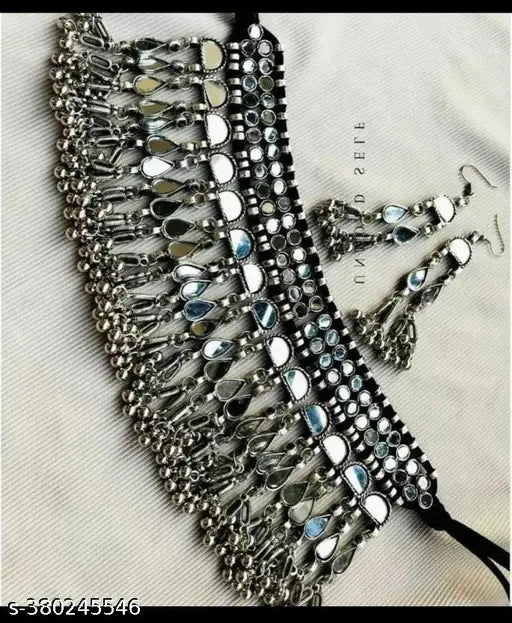 Tehzeeb Creations Women's Silver Colour Oxidised Necklace Set With Mirror Work | Grocsy