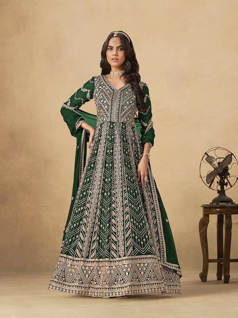 Monjolika Fashion Faux Georgette Embroidered Dark Green Engagement Wear Anarkali Suit | Grocsy